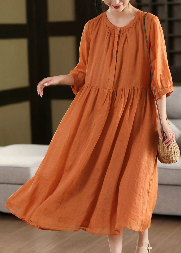 Pink O-neck Print Patchwork Linen Maxi Dress Half Sleeve