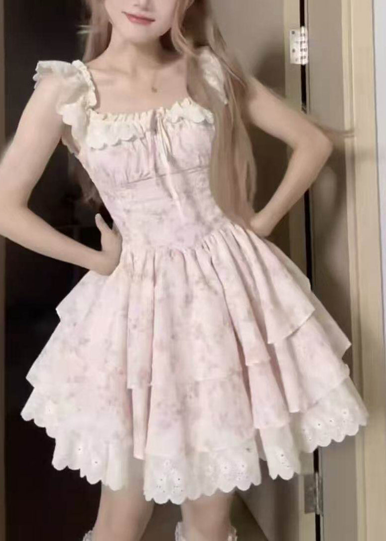 Pink O-neck Print Wrinkled Mid Dress Short Sleeve