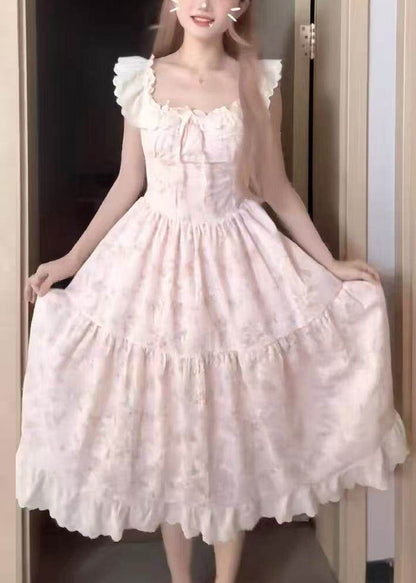 Pink O-neck Print Wrinkled Mid Dress Short Sleeve
