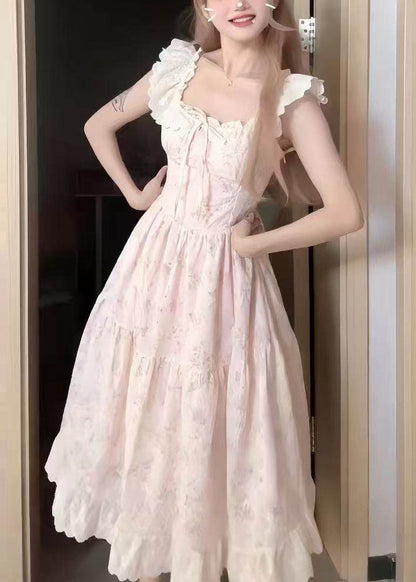 Pink O-neck Print Wrinkled Mid Dress Short Sleeve