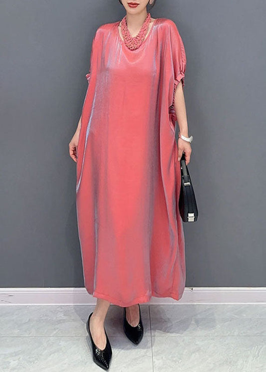 Pink O-neck Silk Long Dress Short Sleeve