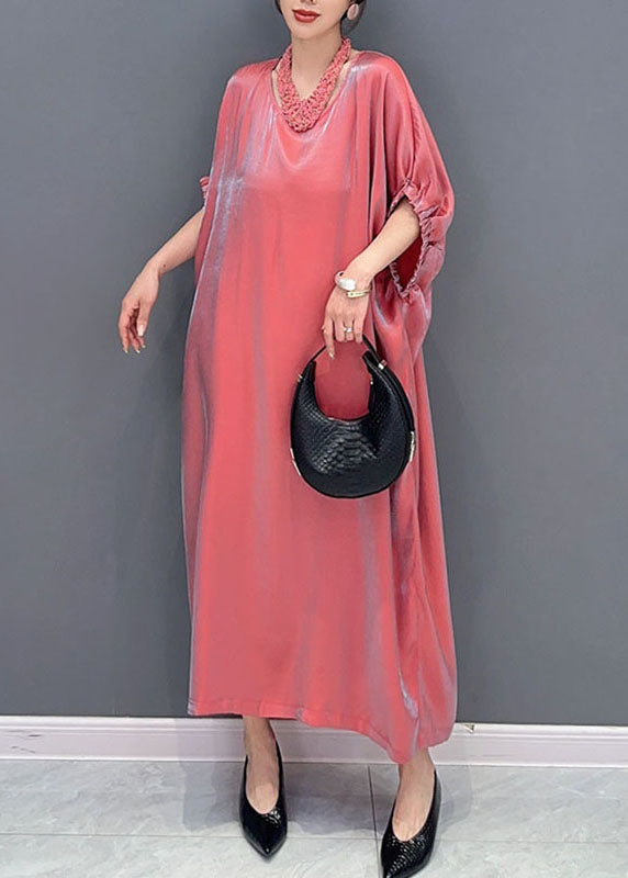 Pink O-neck Silk Long Dress Short Sleeve