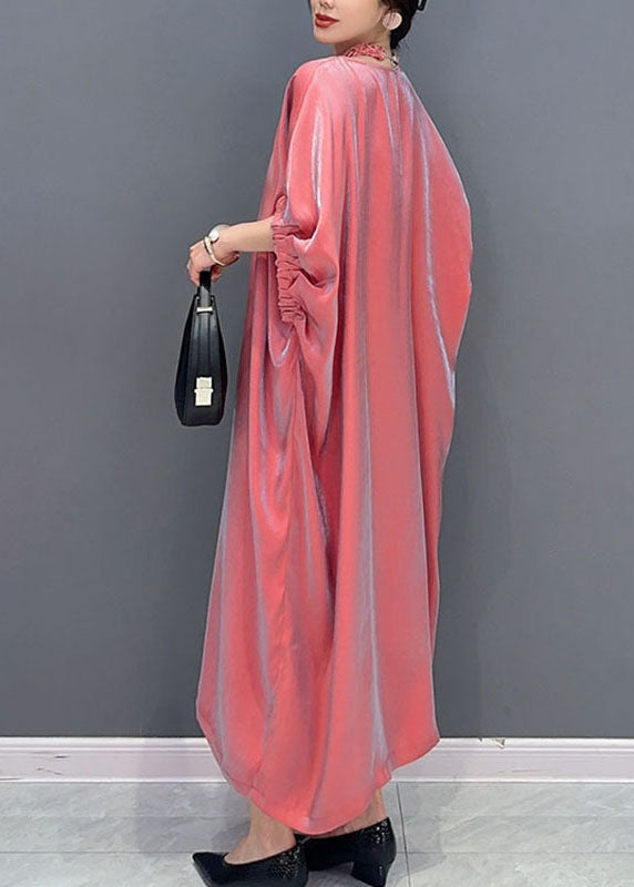 Pink O-neck Silk Long Dress Short Sleeve