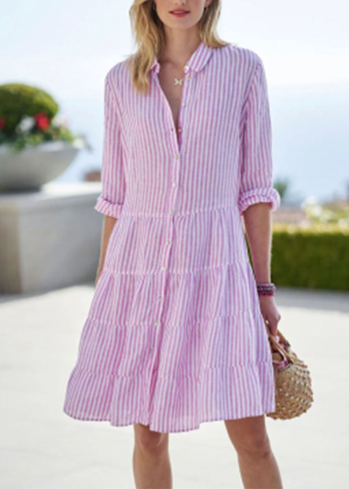 Pink Peter Pan Collar Button Mid Dress Half Sleeve