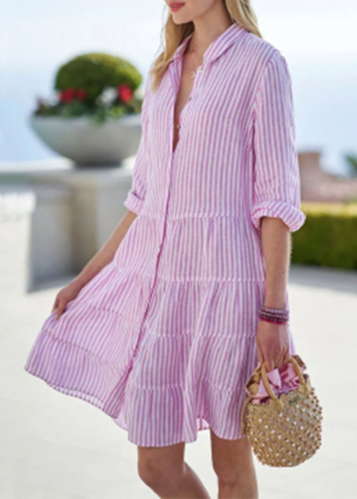 Pink Peter Pan Collar Button Mid Dress Half Sleeve