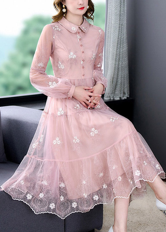 Pink Peter Pan Collar Embroidered Patchwork Button Tulle Maxi Dress Long Sleeve