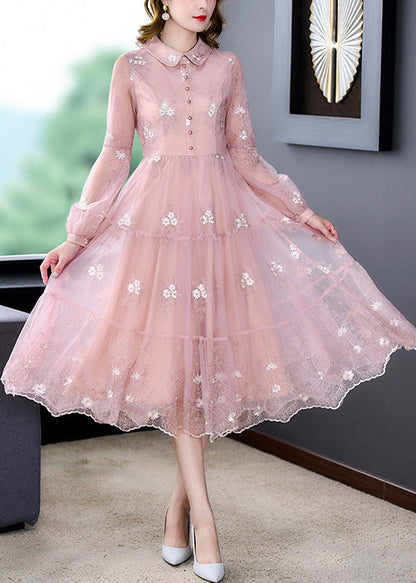 Pink Peter Pan Collar Embroidered Patchwork Button Tulle Maxi Dress Long Sleeve
