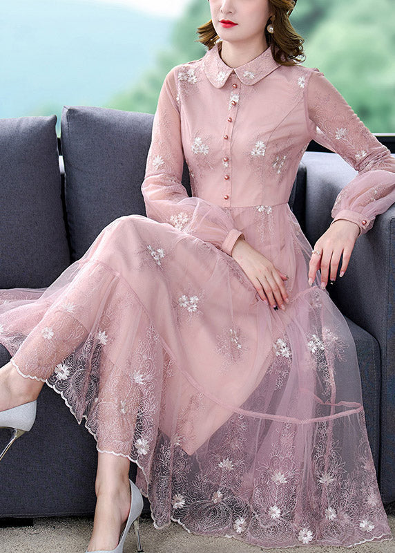 Pink Peter Pan Collar Embroidered Patchwork Button Tulle Maxi Dress Long Sleeve