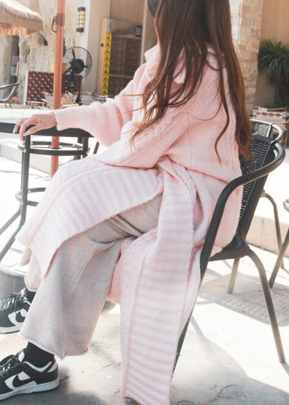 Pink Peter Pan Collar Long Wool Knit Cardigan Spring