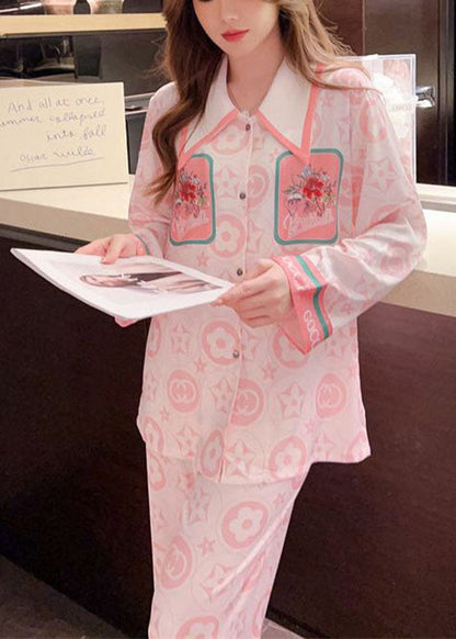 Pink Peter Pan Collar Print Ice Silk Pajamas Two Pieces Set Spring