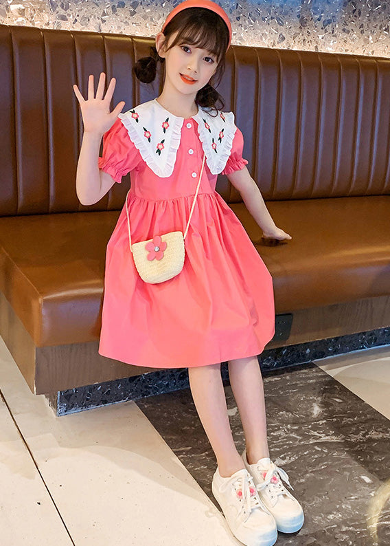 Pink Print Patchwork Wrinkled Cotton Holiday Mid Dress Short Sleeve