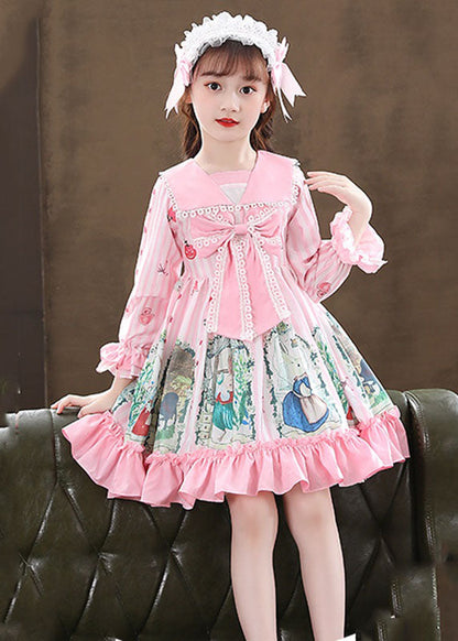 Pink Print Ruffled Patchwork Bow Mid Dresses Fall