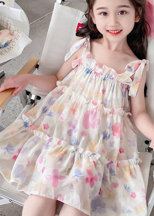 Pink Print Ruffled Patchwork Chiffon Baby Dresses Sleeveless