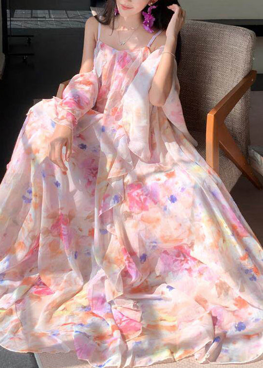 Pink Print Ruffled Patchwork Chiffon Long Dress Short Sleeve