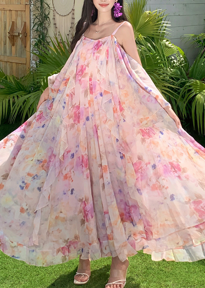 Pink Print Ruffled Patchwork Chiffon Long Dress Short Sleeve