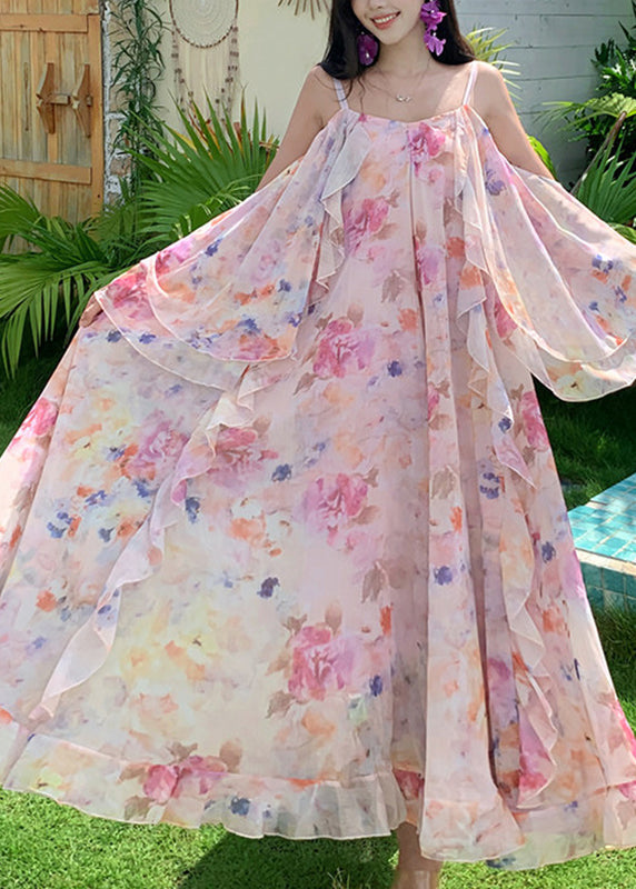 Pink Print Ruffled Patchwork Chiffon Long Dress Short Sleeve