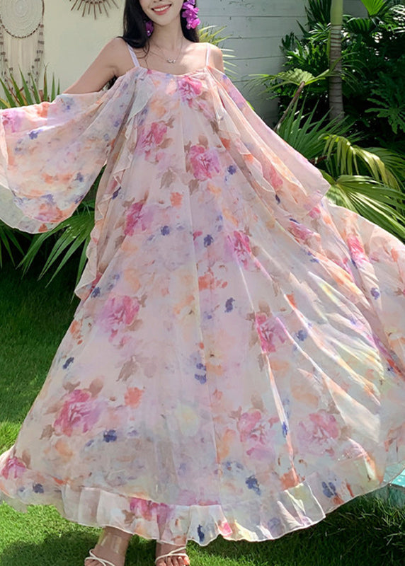 Pink Print Ruffled Patchwork Chiffon Long Dress Short Sleeve