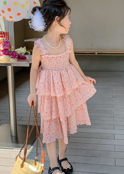 Pink Ruffled Layered Patchwork Chiffon Kids Dress Summer