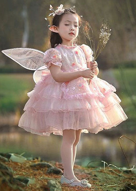 Pink Ruffled Layered Patchwork Tulle Kids Dress Summer