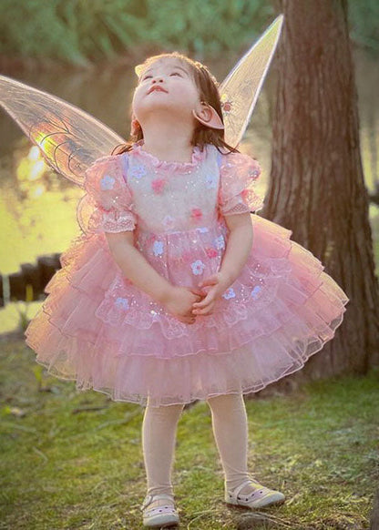 Pink Ruffled Layered Patchwork Tulle Kids Dress Summer