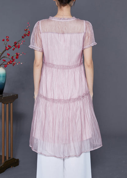 Pink Ruffled Patchwork Silk a Line Dress Summer