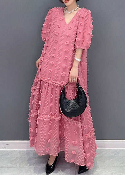 Pink Ruffled Patchwork Tulle Long Dress Summer