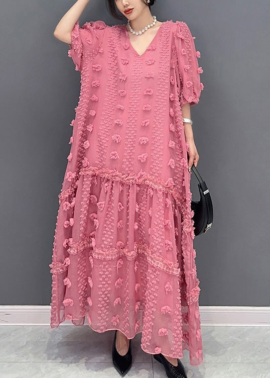 Pink Ruffled Patchwork Tulle Long Dress Summer
