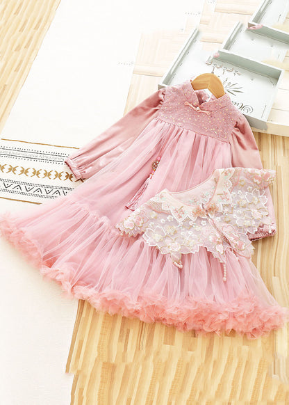 Pink Stand Collar Sequins Patchwork Tulle Shawl and Dress Two Pieces Set Long Sleeve