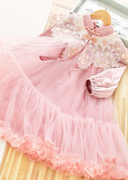 Pink Stand Collar Sequins Patchwork Tulle Shawl and Dress Two Pieces Set Long Sleeve
