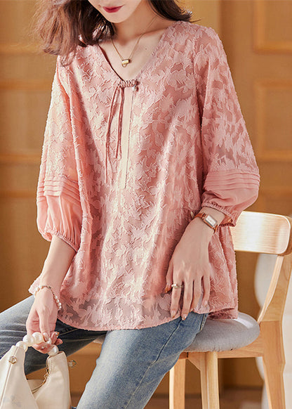 Pink V Neck Chiffon Tops Bracelet Sleeve