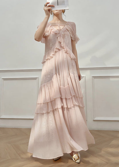 Pink V Neck Ruffled Patchwork Long Dress Short Sleeve