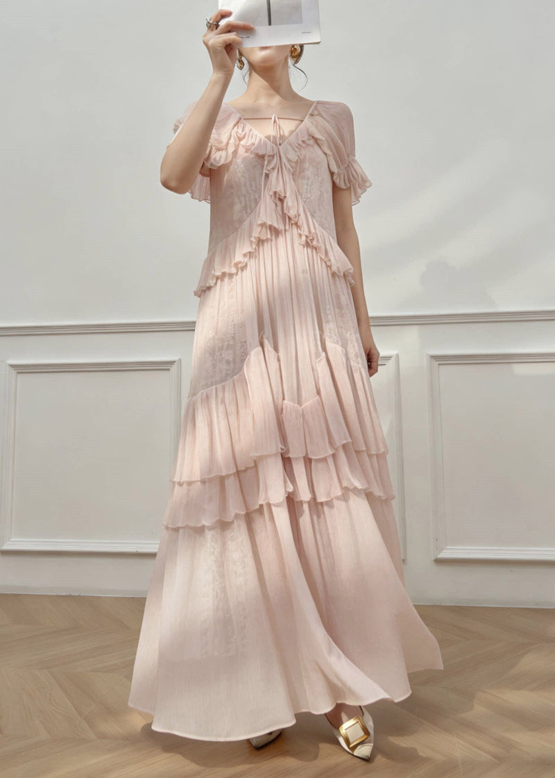 Pink V Neck Ruffled Patchwork Long Dress Short Sleeve