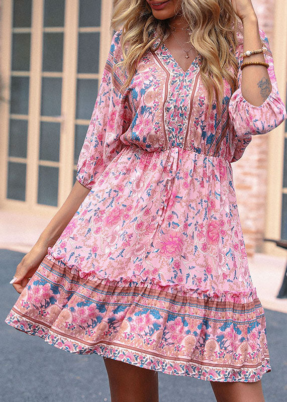 Pink V Neck Ruffled Patchwork Print Cotton Cinch Mid Dresses Half Sleeve