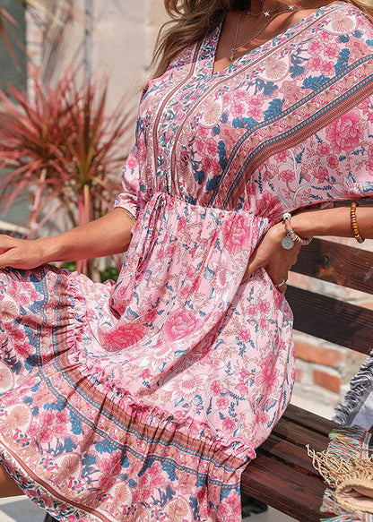 Pink V Neck Ruffled Patchwork Print Cotton Cinch Mid Dresses Half Sleeve