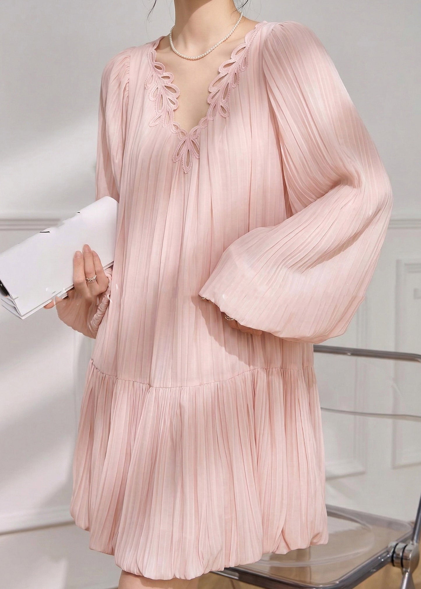 Pink V Neck Mid Dress Spring