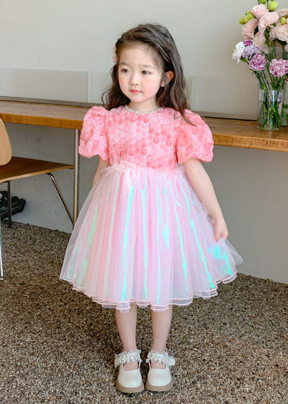 Pink Wrinkled Nail Bead Patchwork Tulle Baby Dress Short Sleeve