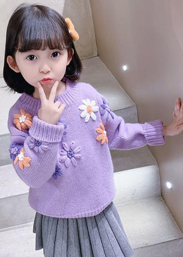 Purple O Neck Thick Knit Kids Knit Pullover Winter