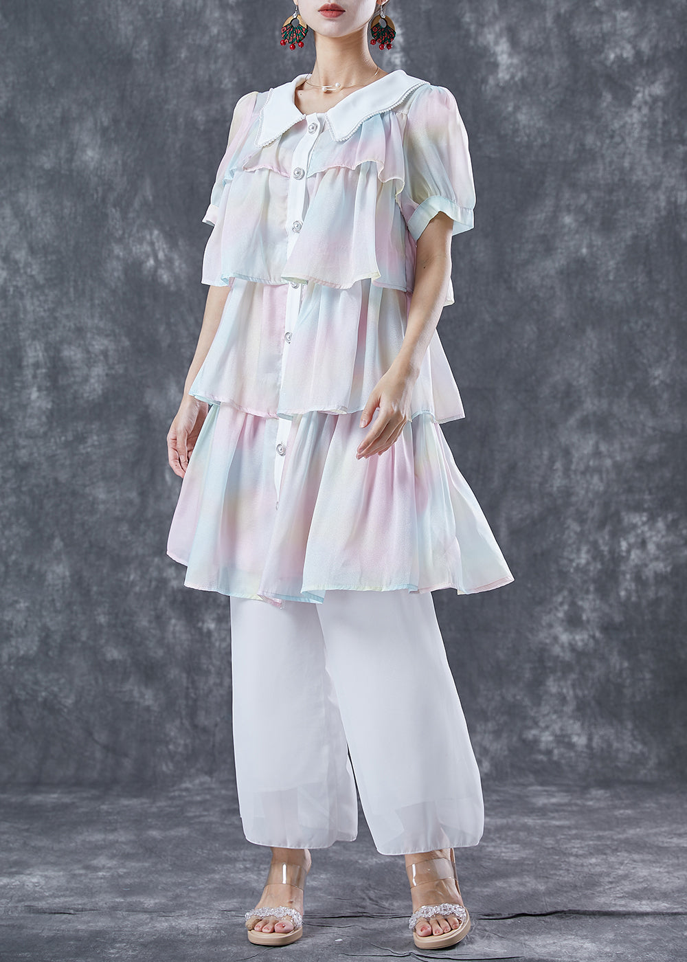 Rainbow Peter Pan Collar Layered Ruffles Chiffon Dresses Summer