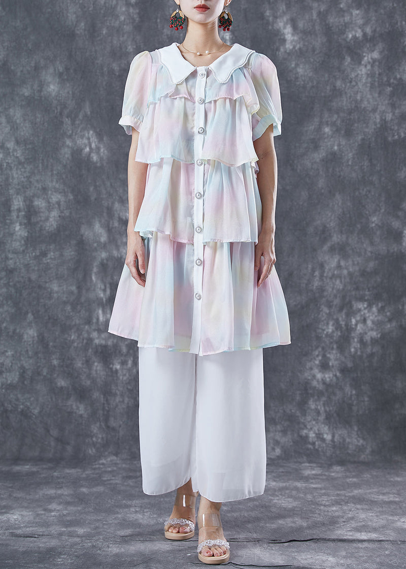 Rainbow Peter Pan Collar Layered Ruffles Chiffon Dresses Summer