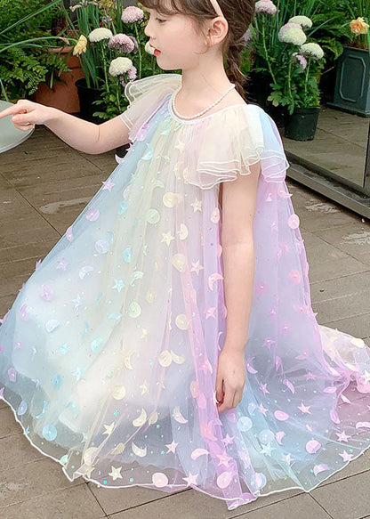 Rainbow Sequins Wrinkled Patchwork Tulle Kids Princess Dress Summer