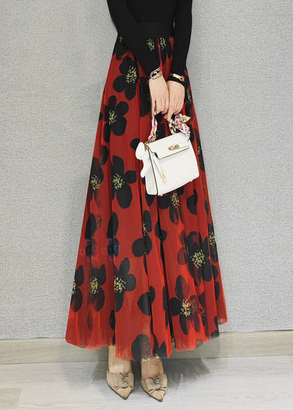 Red Elastic Waist Draping Tulle a Line Skirt Spring