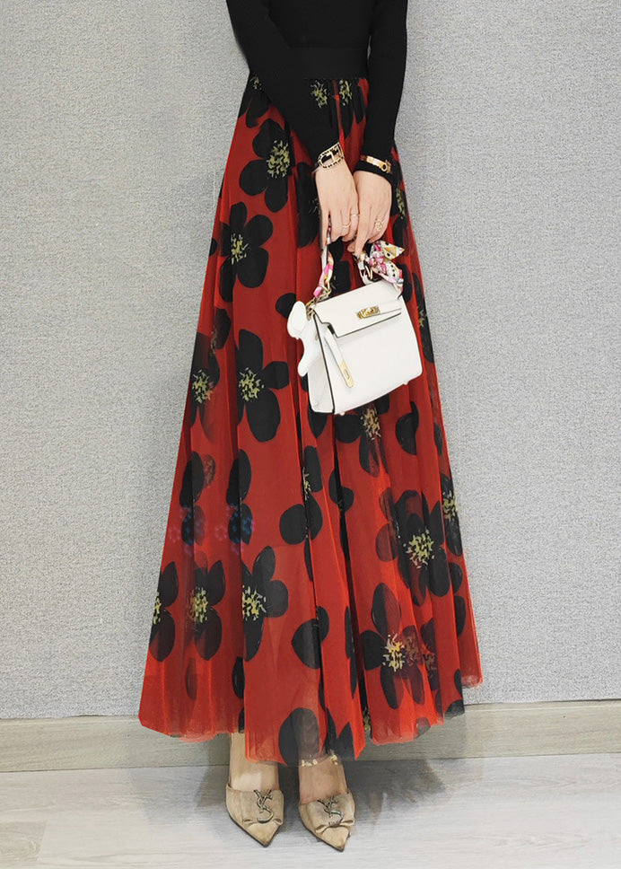 Red Elastic Waist Draping Tulle a Line Skirt Spring