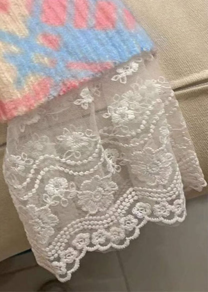 Red O-neck Print Lace Patchwork Cotton Knit Sweaters Fall