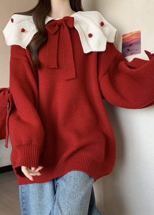 Red Oversized Patchwork Bow Knit Sweater Fall