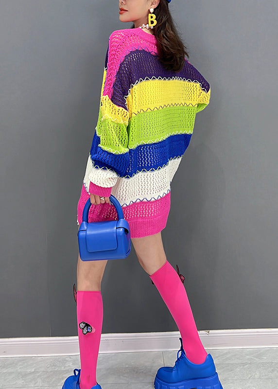 Red V Neck Hollow Out Striped Knit Cardigan Fall