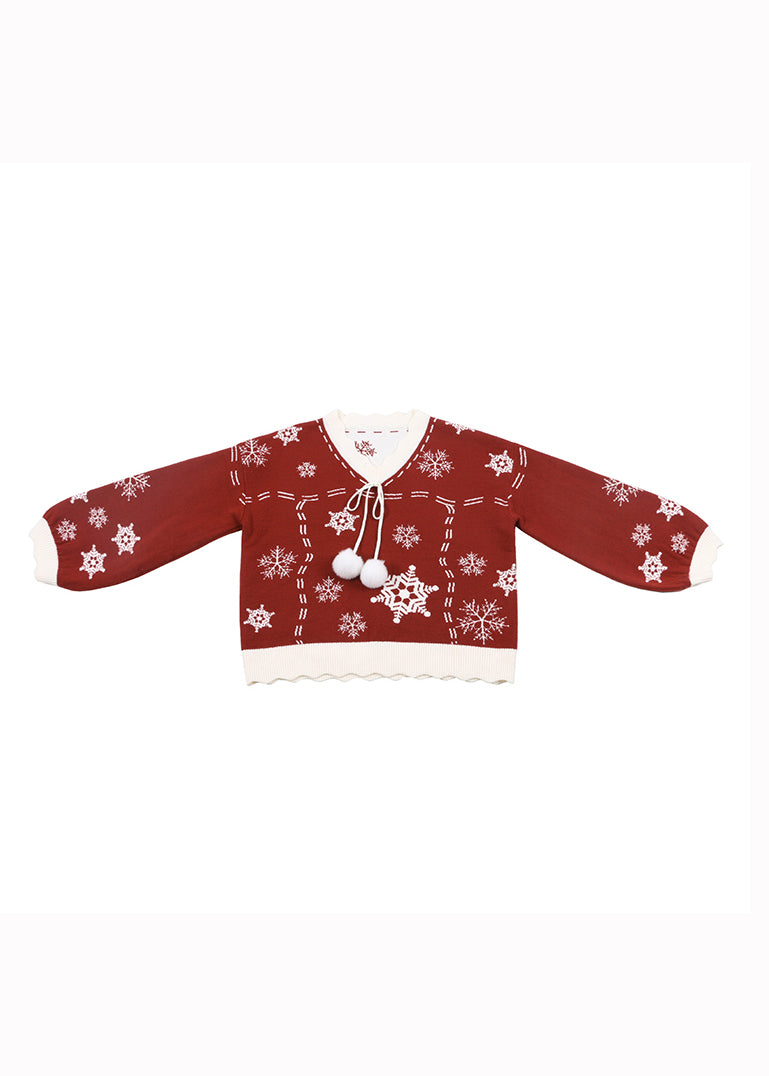 Red V Neck Thick Embroidered Knit Knitted Tops Fall