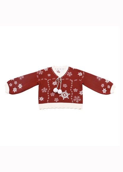 Red V Neck Thick Embroidered Knit Knitted Tops Fall