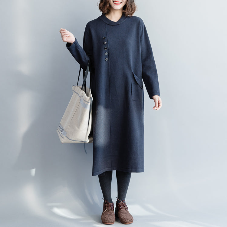 Sweater Knit Dress Pattern O Neck Pockets Navy Diy Knitwear