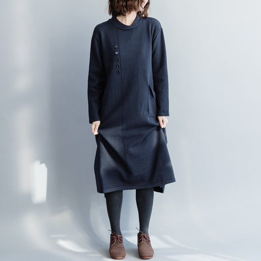 Sweater Knit Dress Pattern O Neck Pockets Navy Diy Knitwear