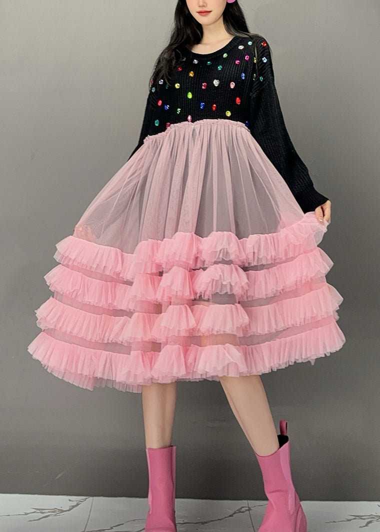 White O-neck Sequins Knit Patchwork Tulle Maxi Cake Dress Spring